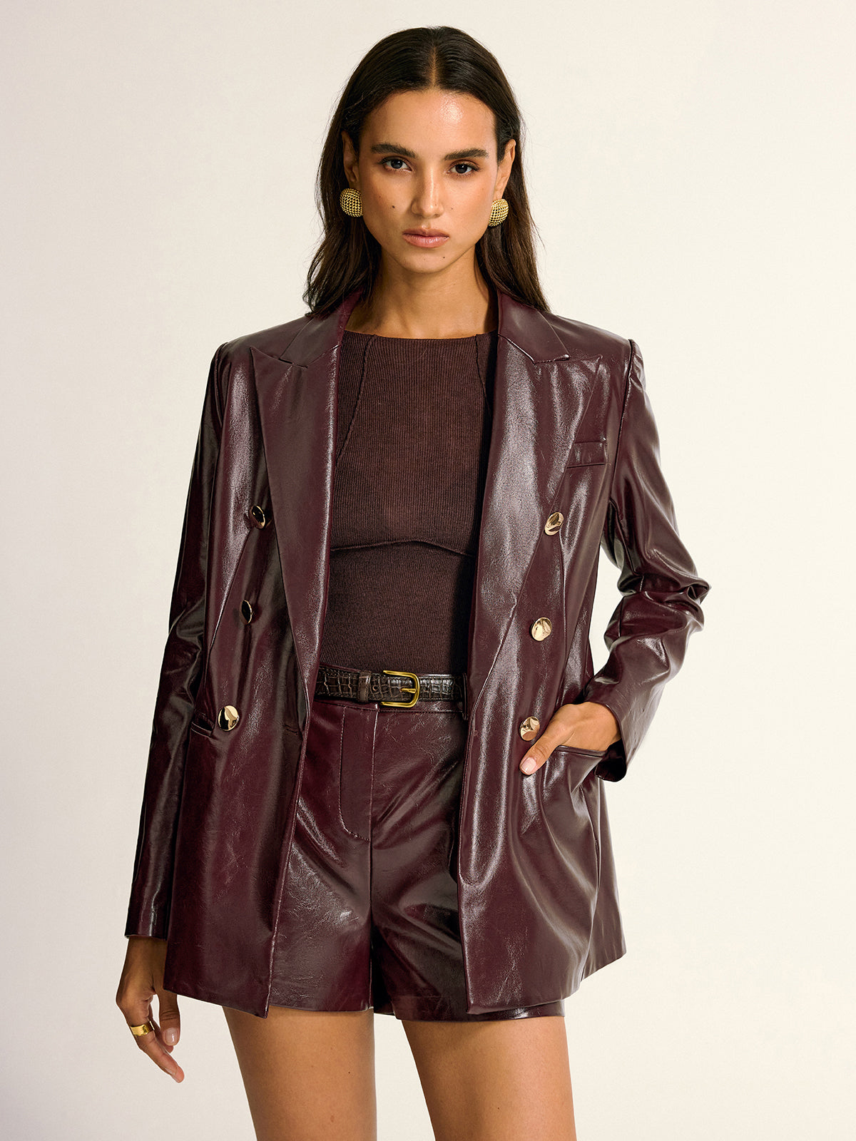 Women's Faux Leather Button Jacket with Pockets