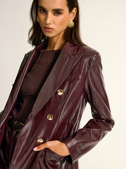 Women's Faux Leather Button Jacket with Pockets