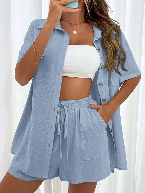 Paulina Casual Two-Piece Set | Short Sleeve Shirt & Drawstring Shorts