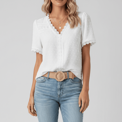 Elegant Lace Short Sleeve V Neck Top - OutfitLondon