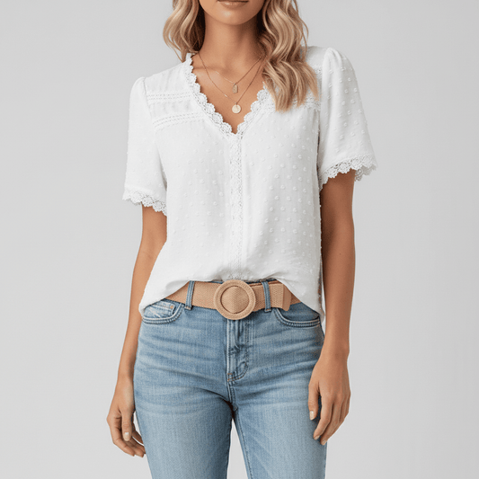 Elegant Lace Short Sleeve V Neck Top - OutfitLondon