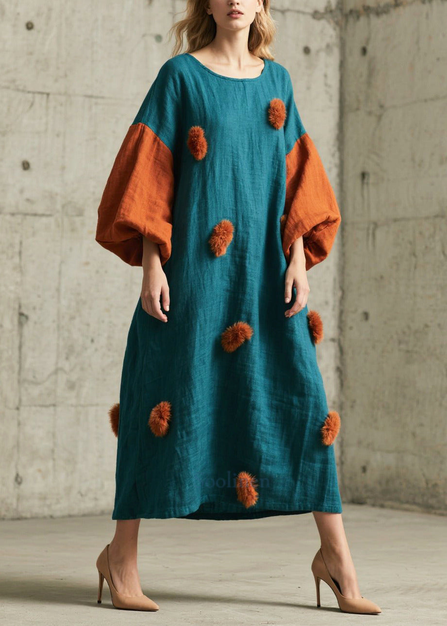 Women's Patchwork Dress Oversized Lantern Sleeves Multicolor - OutfitLondon
