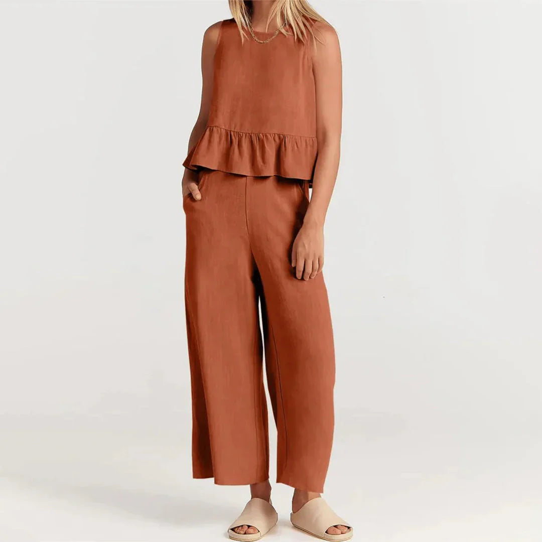 Pearlina Matching Set | Sleeveless Peplum Top & Wide-Leg Trousers