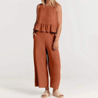 Pearlina Matching Set | Sleeveless Peplum Top & Wide-Leg Trousers