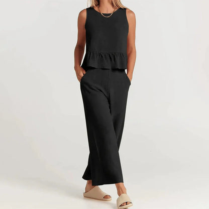 Pearlina Matching Set | Sleeveless Peplum Top & Wide-Leg Trousers