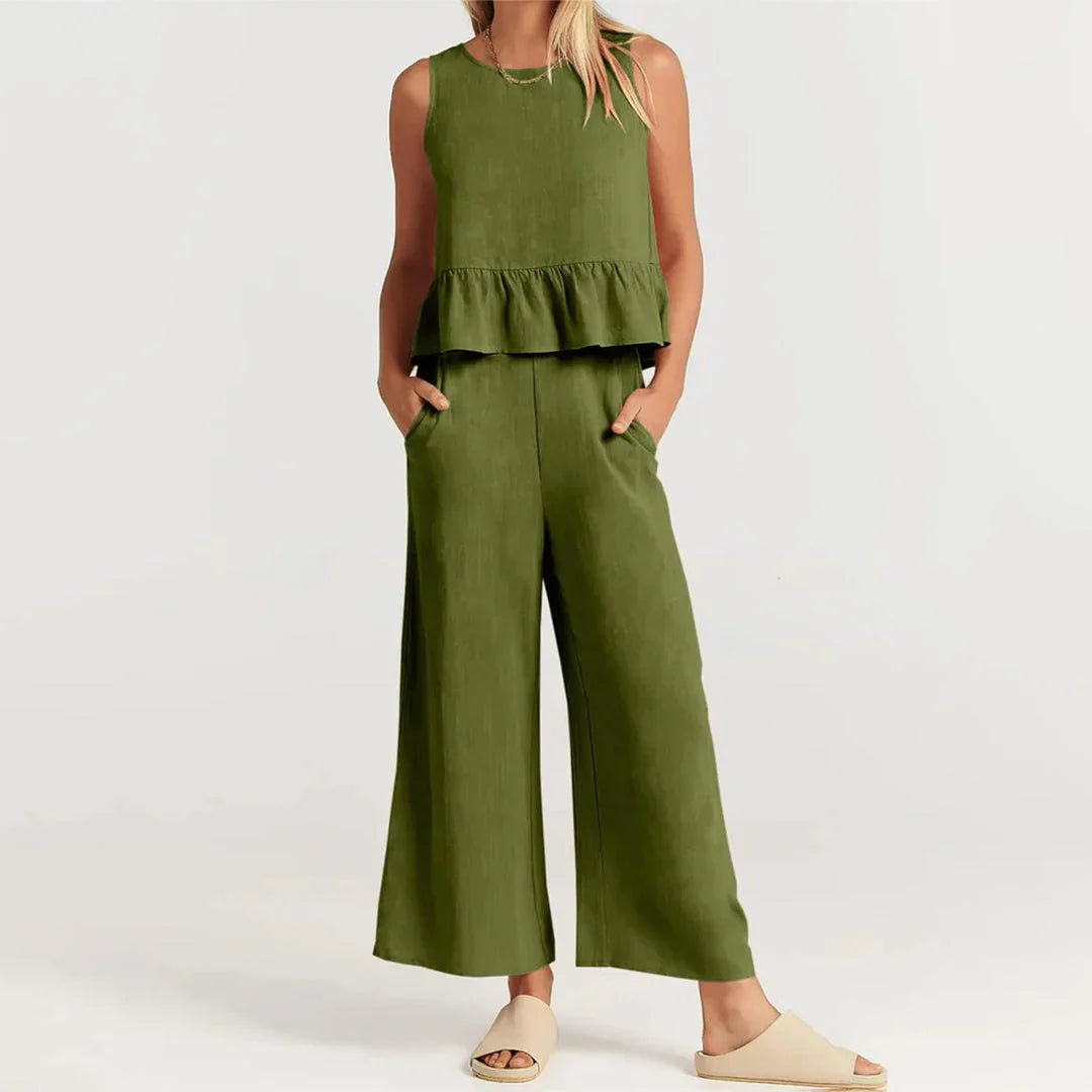 Pearlina Matching Set | Sleeveless Peplum Top & Wide-Leg Trousers