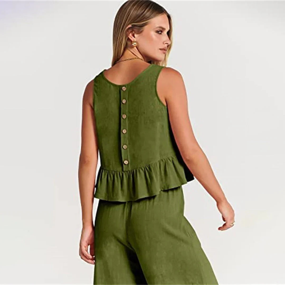 Pearlina Matching Set | Sleeveless Peplum Top & Wide-Leg Trousers
