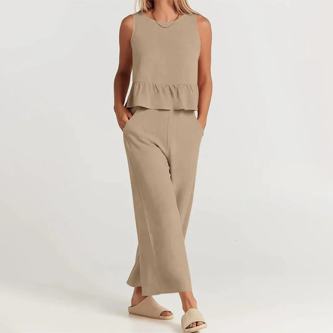 Pearlina Matching Set | Sleeveless Peplum Top & Wide-Leg Trousers