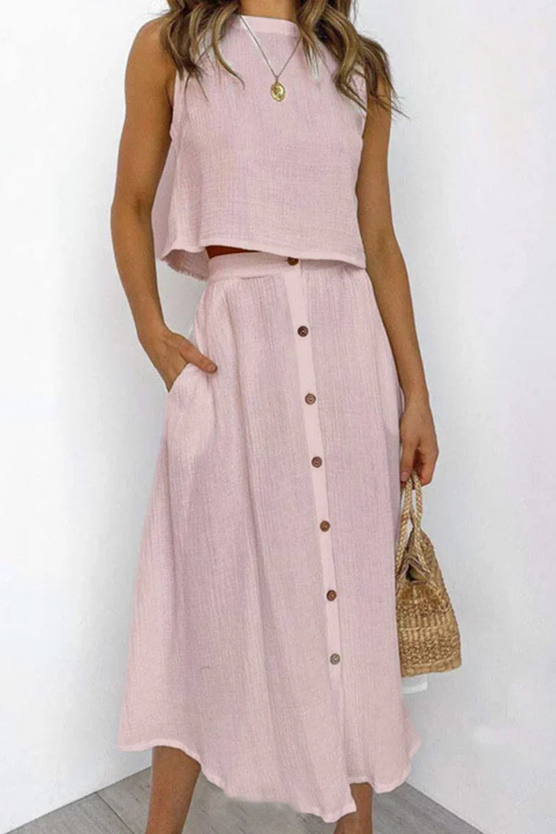 Penina Two-Piece Outfit | Sleeveless Crop Top & Button-Front Midi Skirt