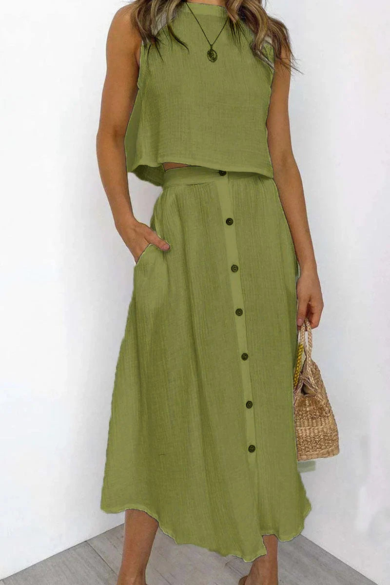 Penina Two-Piece Outfit | Sleeveless Crop Top & Button-Front Midi Skirt