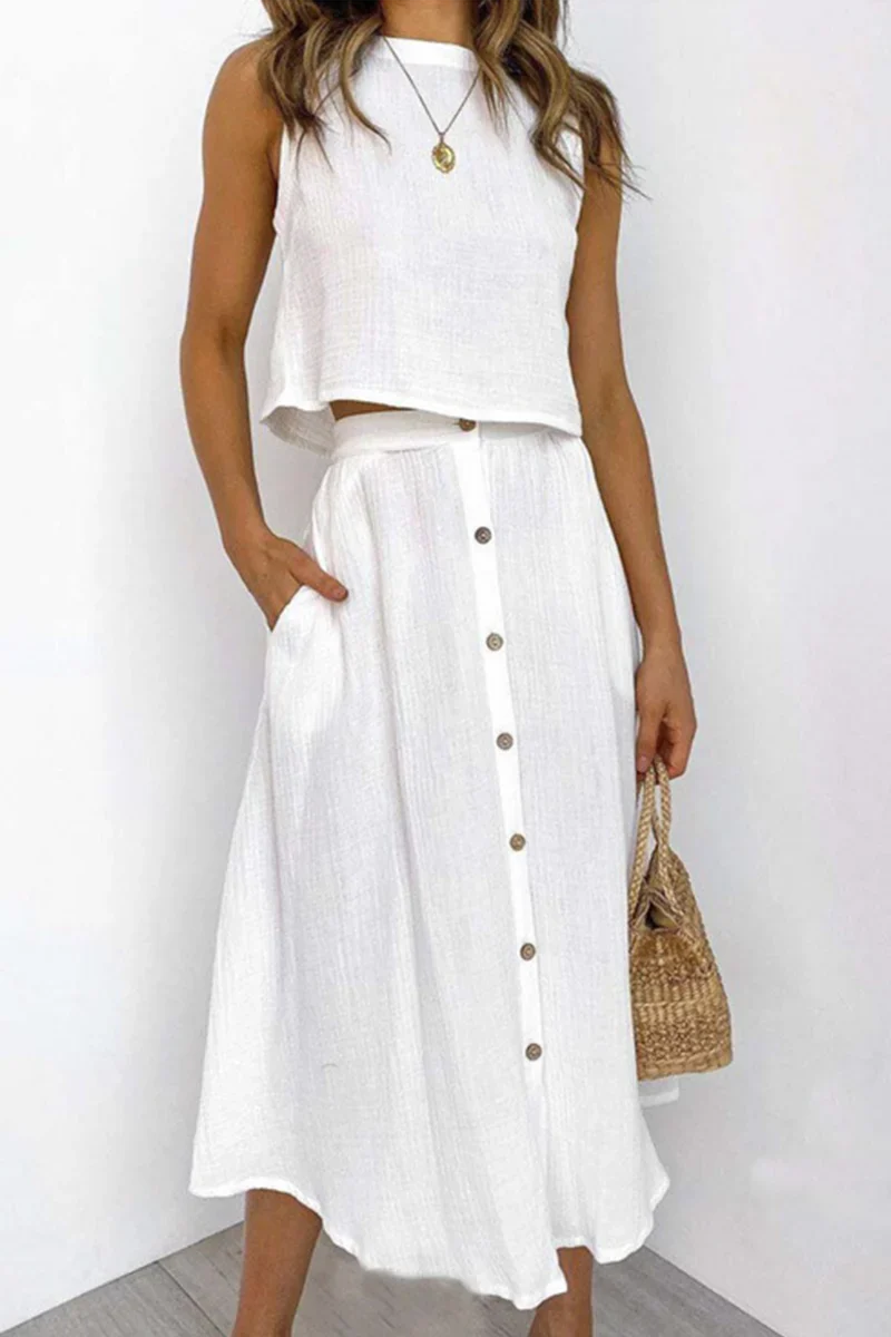 Penina Two-Piece Outfit | Sleeveless Crop Top & Button-Front Midi Skirt