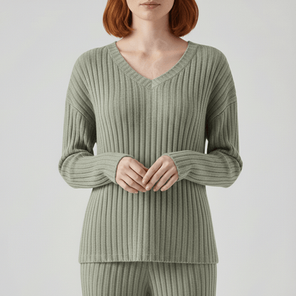 Comfortable 2 Piece Ribbed Sweater and Trousers Set
