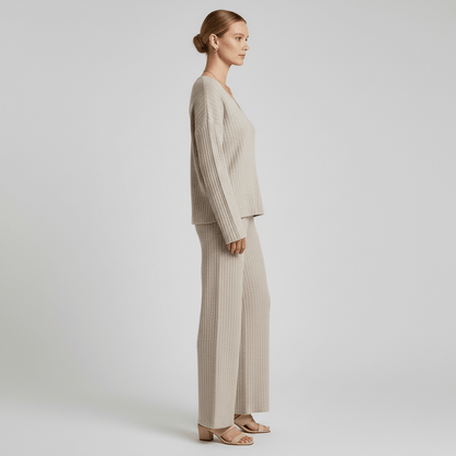 Comfortable 2 Piece Ribbed Sweater and Trousers Set