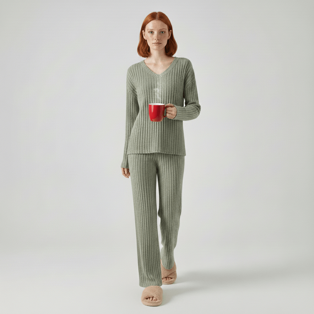 Comfortable 2 Piece Ribbed Sweater and Trousers Set