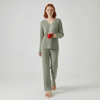 Comfortable 2 Piece Ribbed Sweater and Trousers Set