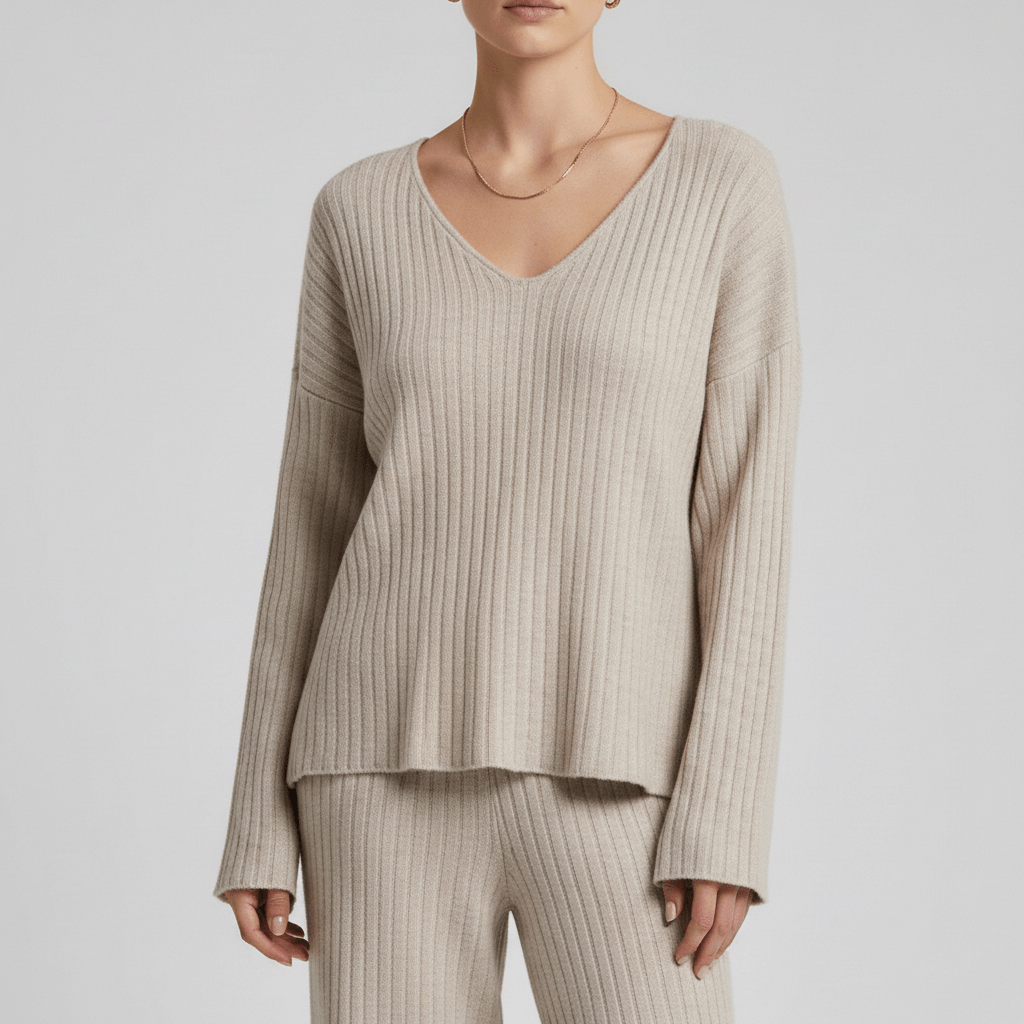 Comfortable 2 Piece Ribbed Sweater and Trousers Set