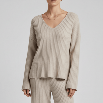 Comfortable 2 Piece Ribbed Sweater and Trousers Set