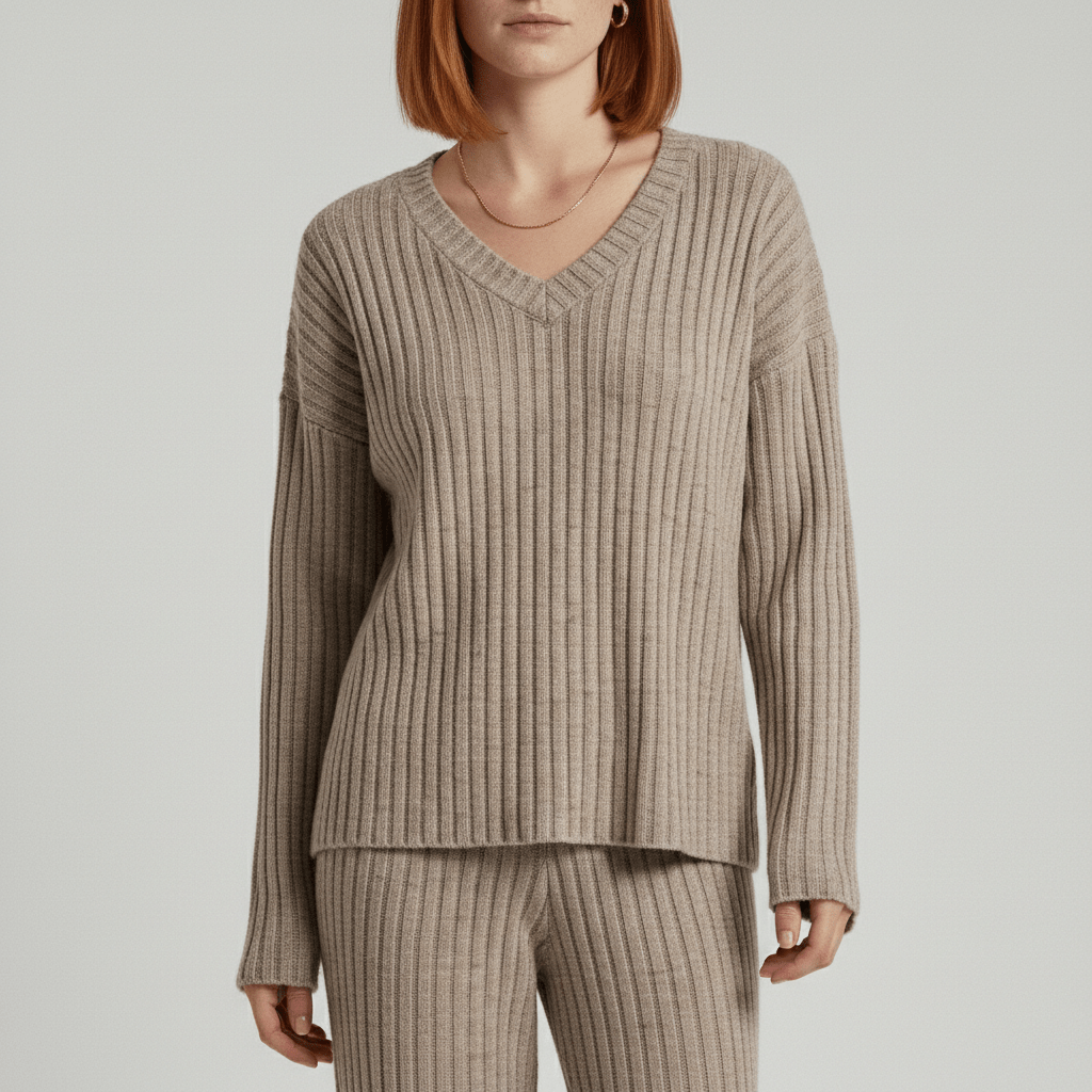 Comfortable 2 Piece Ribbed Sweater and Trousers Set