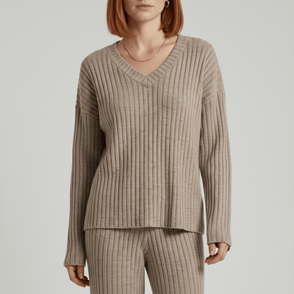 Comfortable 2 Piece Ribbed Sweater and Trousers Set
