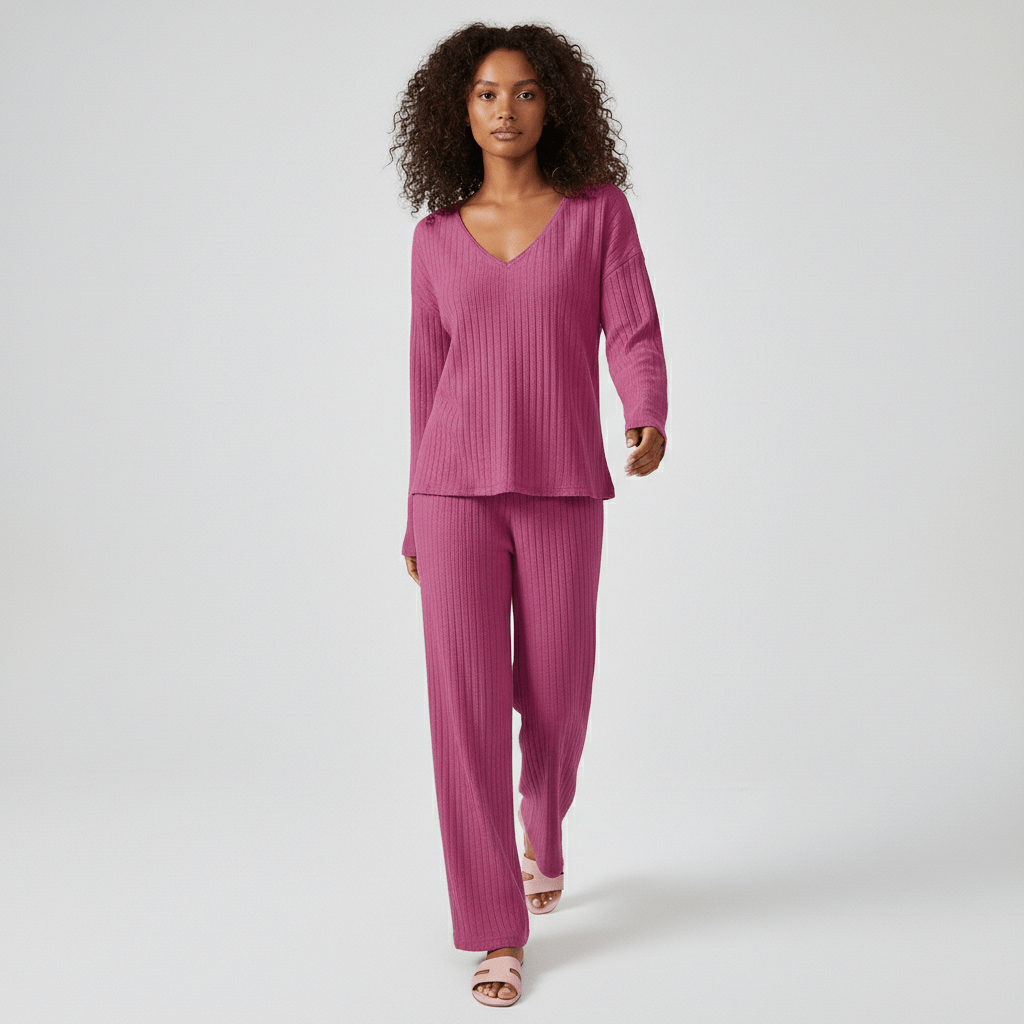 Comfortable 2 Piece Ribbed Sweater and Trousers Set