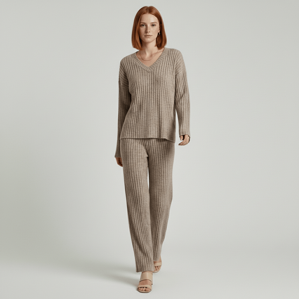 Comfortable 2 Piece Ribbed Sweater and Trousers Set