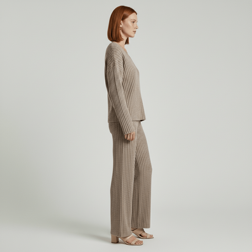 Comfortable 2 Piece Ribbed Sweater and Trousers Set