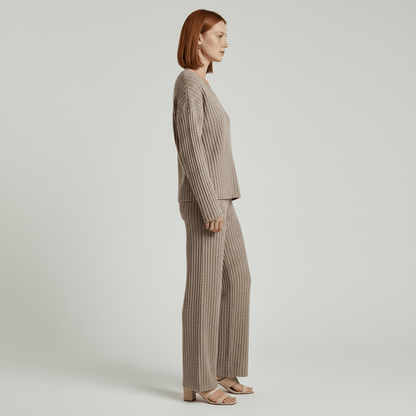 Comfortable 2 Piece Ribbed Sweater and Trousers Set