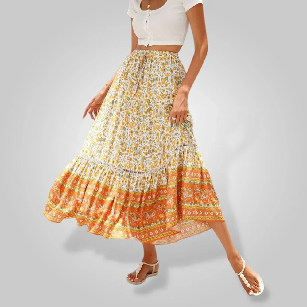 Boho Chic Long Skirt Floral Print Flowy Design