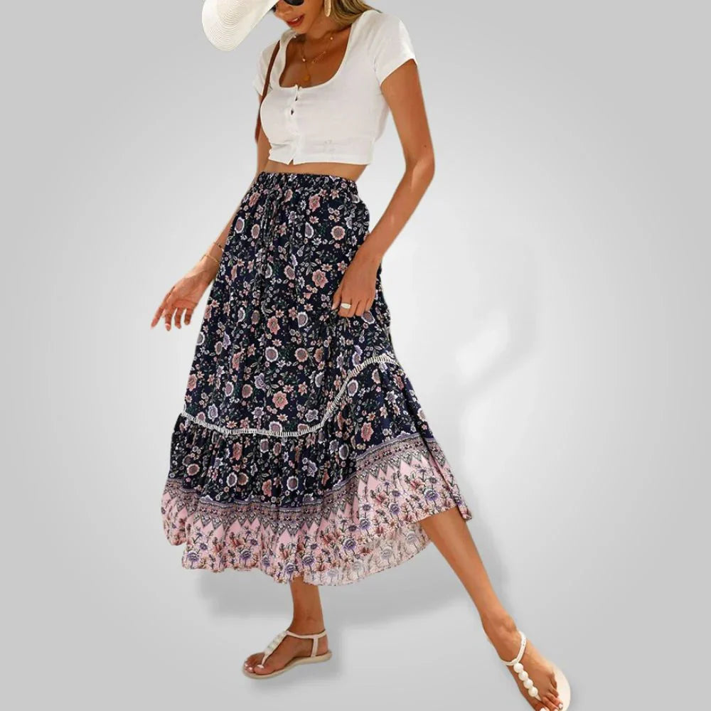 Boho Chic Long Skirt Floral Print Flowy Design