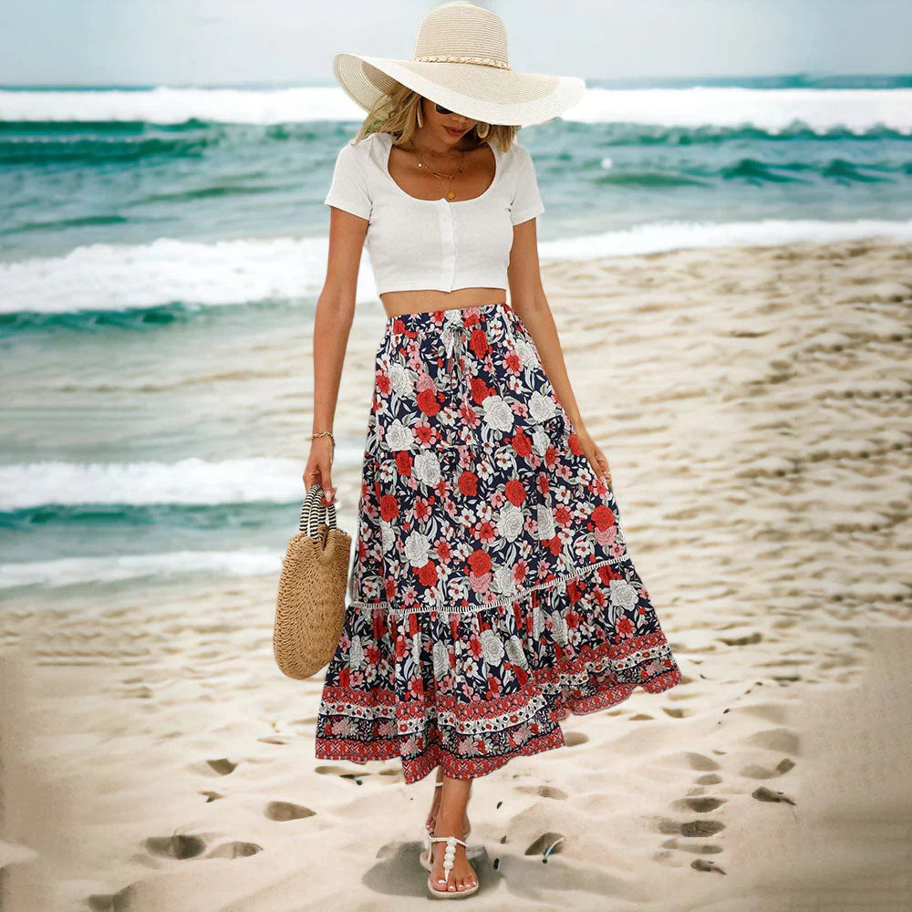 Boho Chic Long Skirt Floral Print Flowy Design