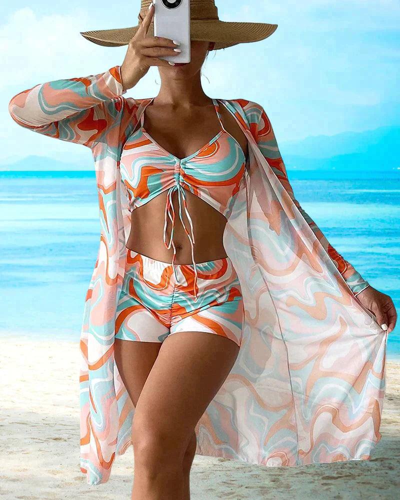 Beachy 3-Piece Swimsuit Set with Drawstring Top - OutfitLondon