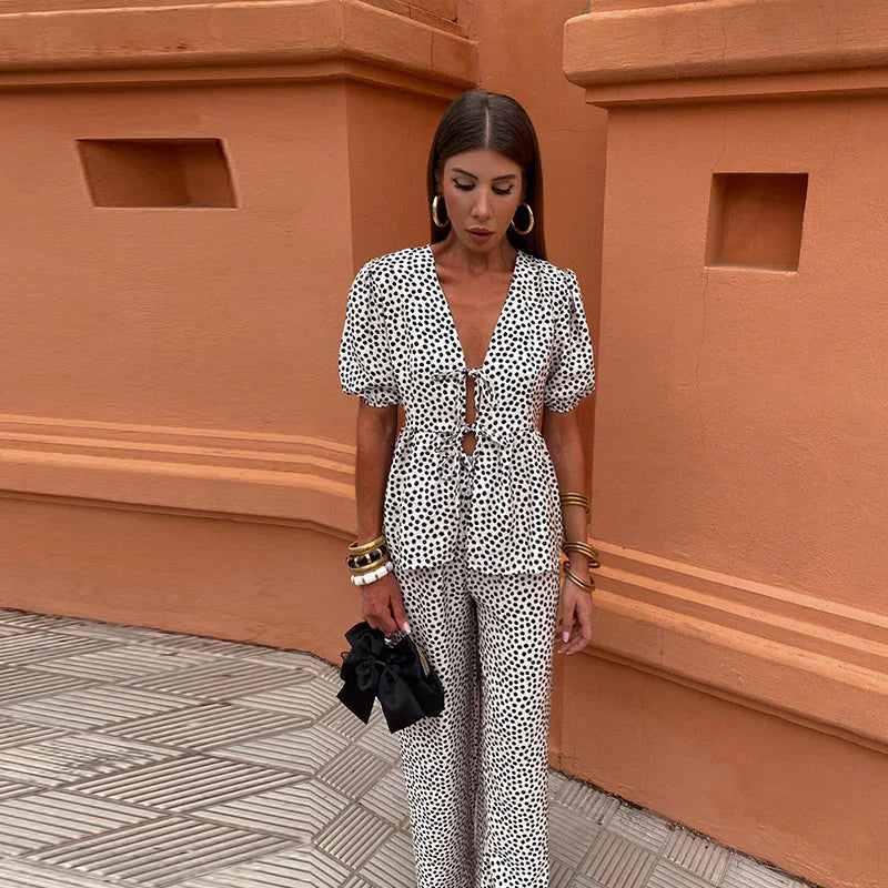 Piera Two-Piece Linen Set | Puff Sleeve Tie-Front Top & High-Waist Pants