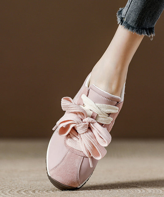 Women's Pink Suede Flats Comfortable Lace Up Everyday Shoes - OutfitLondon