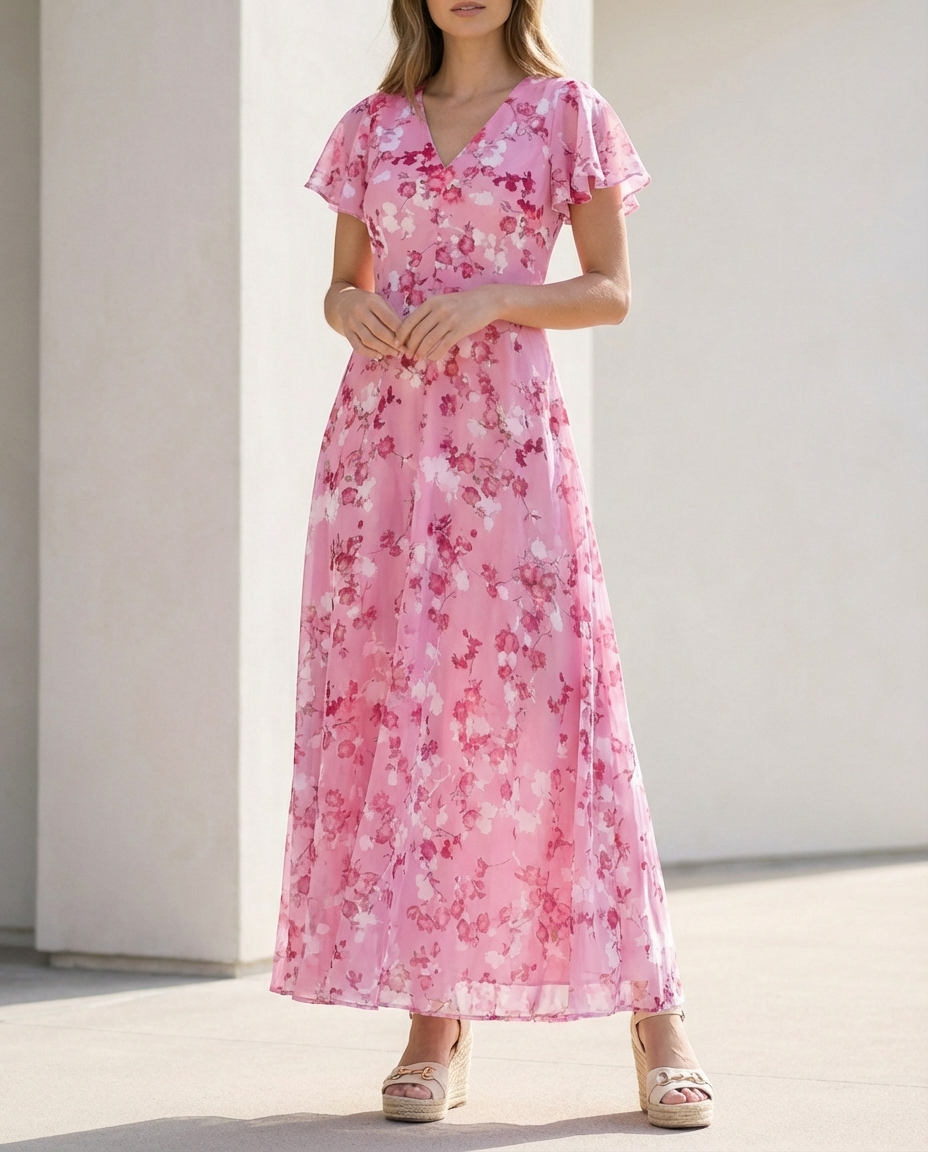 Floral V Neck Long Ruffled Maxi Dress