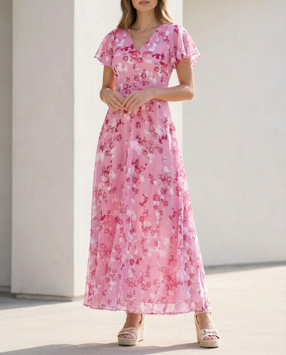 Floral V Neck Long Ruffled Maxi Dress