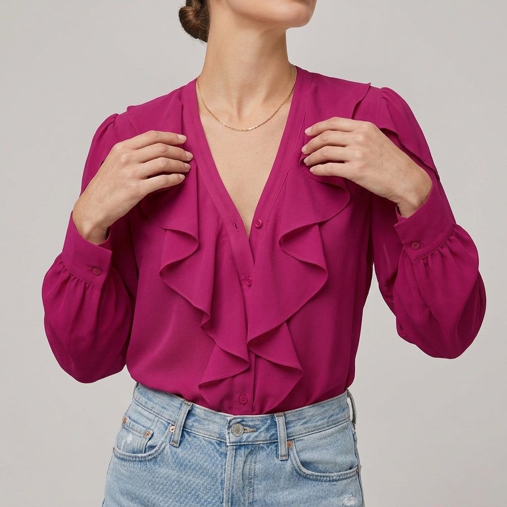 Soft Ruffle V Neck Long Sleeve Women's Blouse