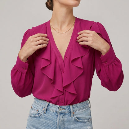 Soft Ruffle V Neck Long Sleeve Women's Blouse