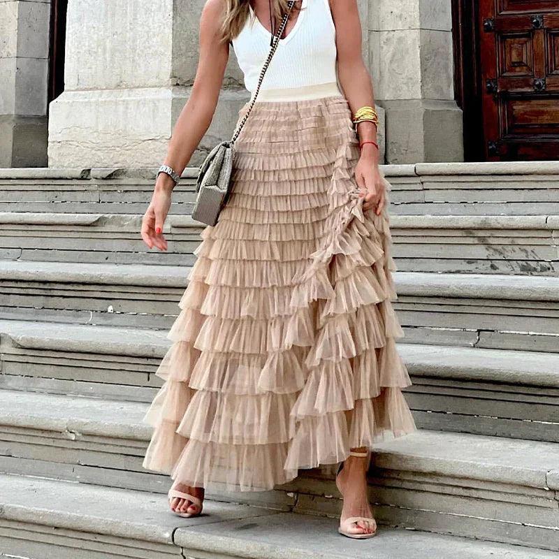 Chic Pleated Midi Skirt with Mesh Details - OutfitLondon
