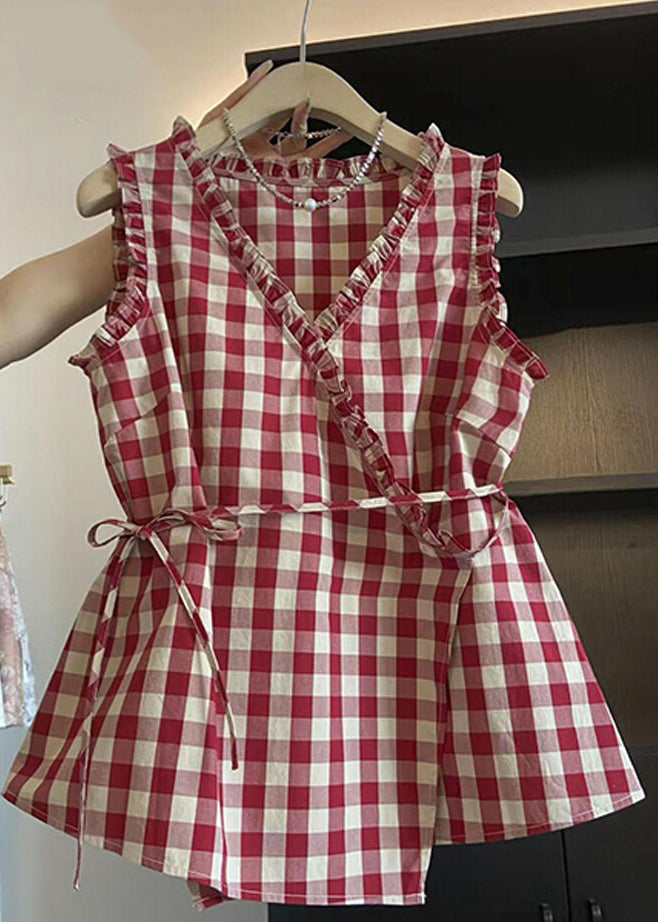 Women's Cotton Blouse Red Plaid Ruffle Sleeveless - OutfitLondon