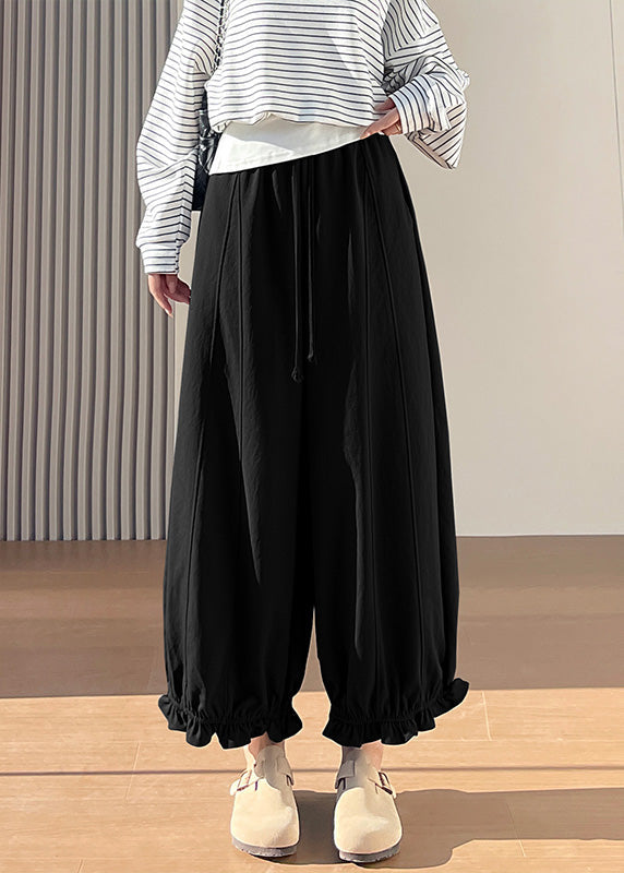 Women's Cotton Pants Elastic Waist Black - OutfitLondon