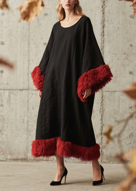 Women's Oversized Faux Fur Maxi Dress Black Plus Size - OutfitLondon