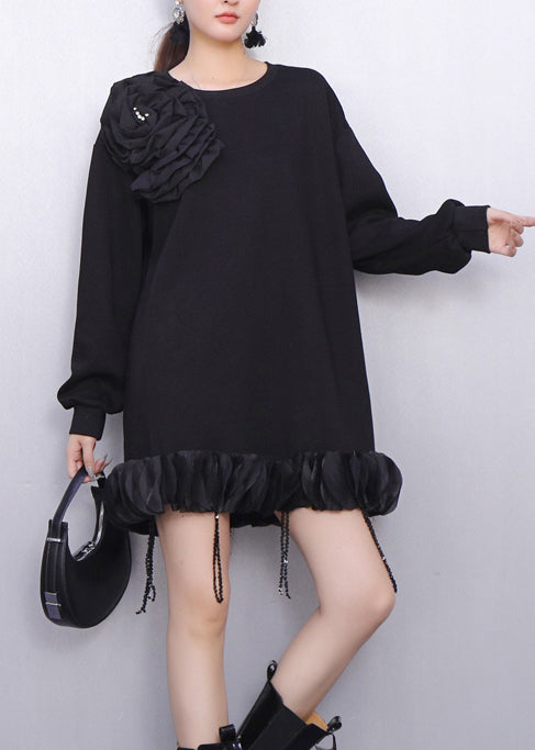 Women's Plus Size Floral Dress Cotton Blend Black - OutfitLondon