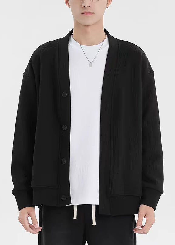 Men's Plus Size Cotton Cardigan Black V Neck - OutfitLondon