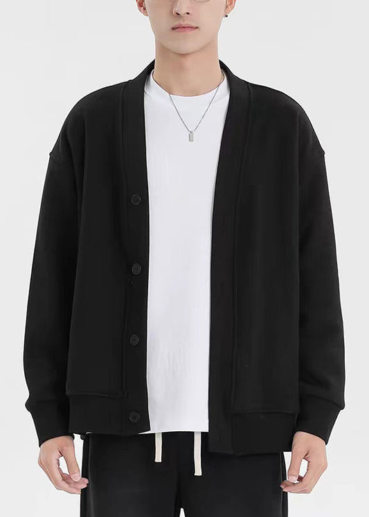 Men's Plus Size Cotton Cardigan Black V Neck - OutfitLondon