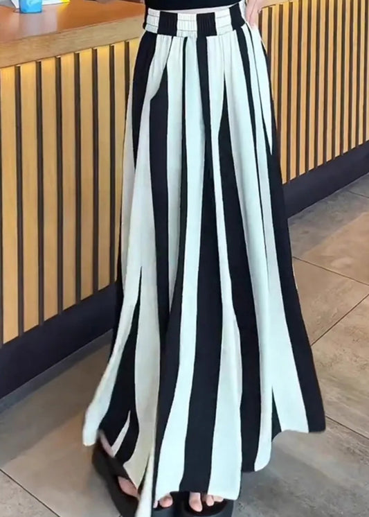 Women's High Waist Striped Cotton Pants Black White Elastic Waist - OutfitLondon