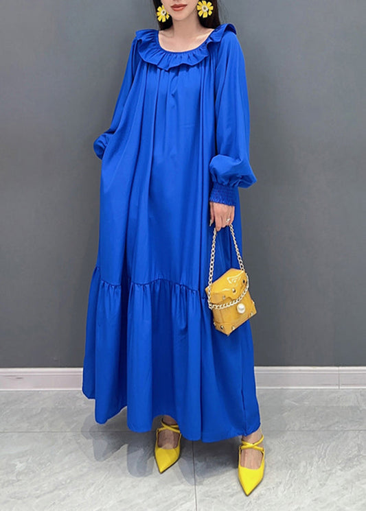 Women's Plus Size Patchwork Maxi Dress Blue Lantern Sleeves - OutfitLondon