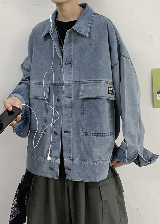 Men's Blue Denim Coat Peter Pan Collar Button Pockets - OutfitLondon