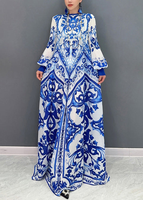Women's Plus Size Vacation Dress Blue Silk Chiffon Lantern Sleeves - OutfitLondon