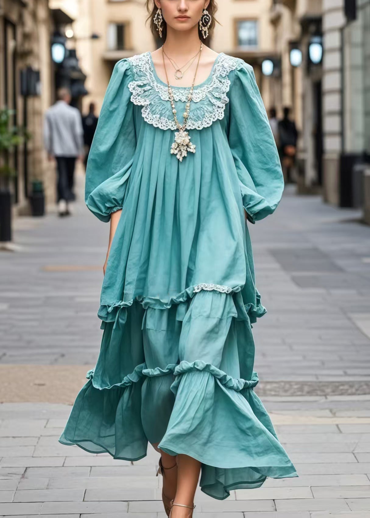 Plus Size Women Blue Lace Ruffle Dress - OutfitLondon