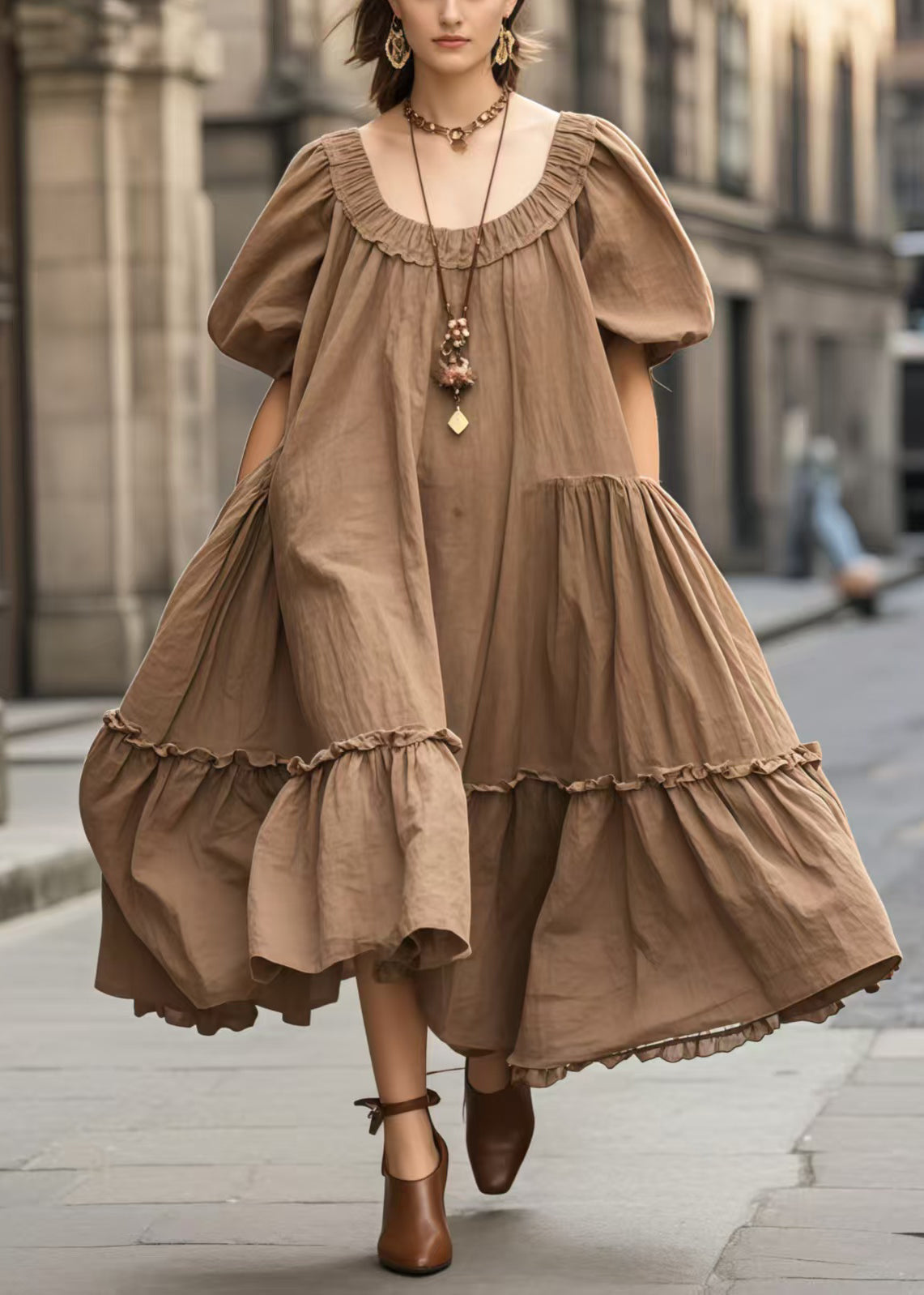 Women's Plus Size Ruffle Dress Brown - OutfitLondon
